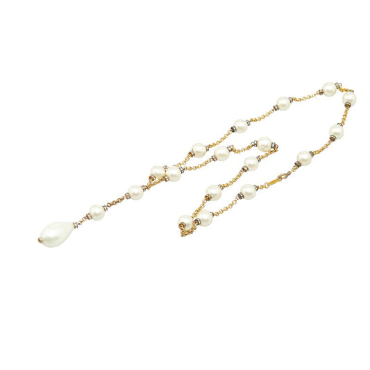 Chanel Pearl Rhinestone Chain Necklace Gold