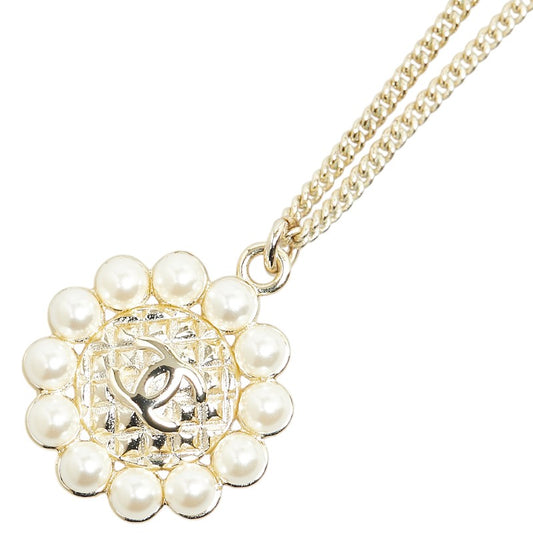 Chanel Coco Mark Chain Necklace Gold Plated Pearl