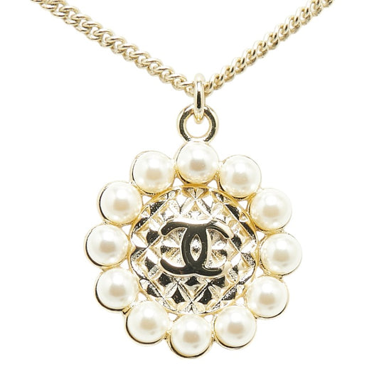 Chanel Coco Mark Chain Necklace Gold Plated Pearl