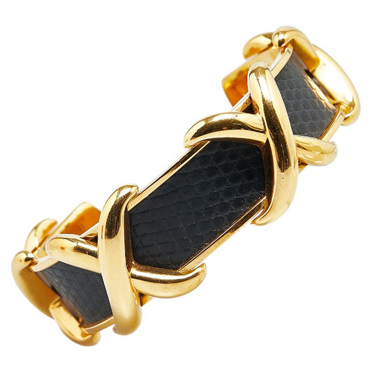 Hermes Gold Black Lizard Bangle Bracelet