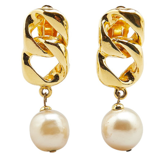 Chanel Vintage Coco Mark Pearl Chain Earrings