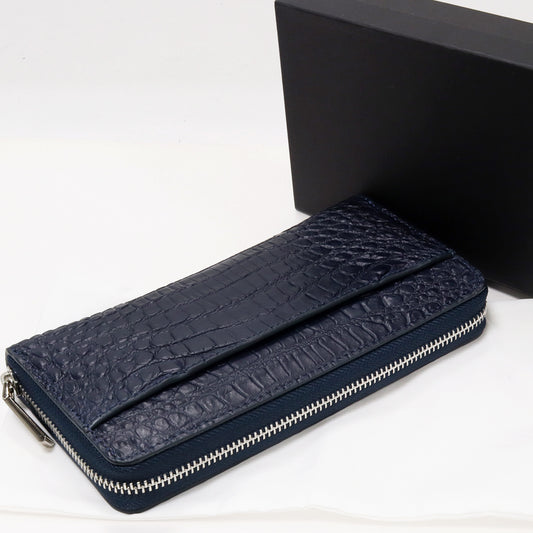 Crocodile Round Zipper Long Wallet Navy