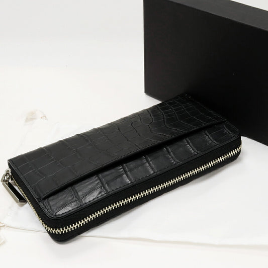 Crocodile Round Zipper Long Wallet Black