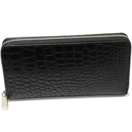 Crocodile Round Zipper Long Wallet Black