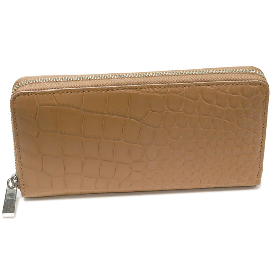 Crocodile Round Zipper Long Wallet Beige Brown