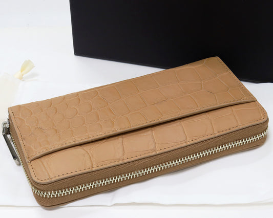 Crocodile Round Zipper Long Wallet Beige Brown