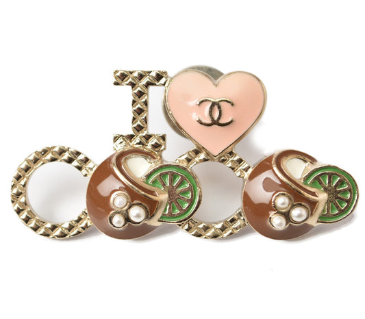 Chanel Brooch Pin Badge Heart Motif Gold Brown