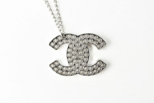 Chanel Necklace Pendant CC Studs Black Silver