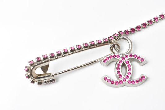 Chanel Brooch Coco Mark Rhinestone Silver Magenta