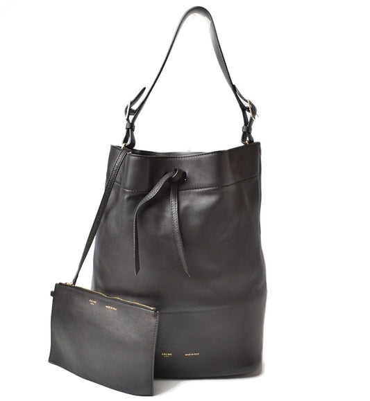 Celine Leather Shoulder Bag Drawstring Black