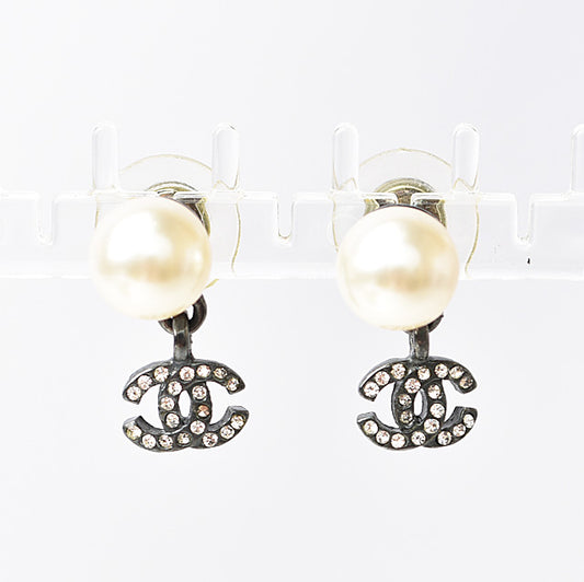 Chanel Logo Rhinestone Pearl Earrings