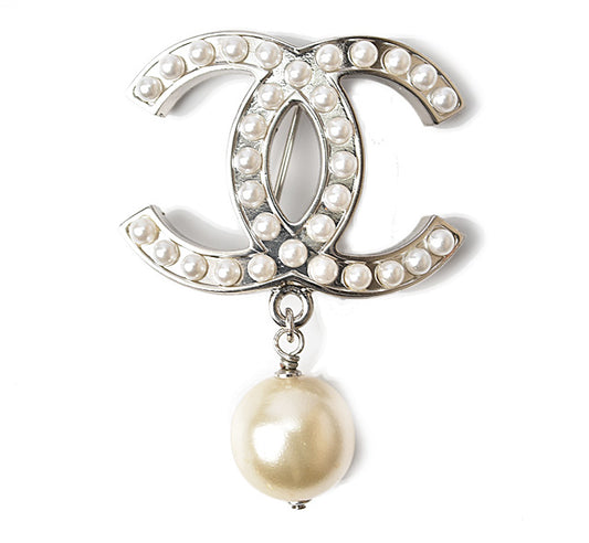 Chanel Brooch Rhinestone Pearl Silver