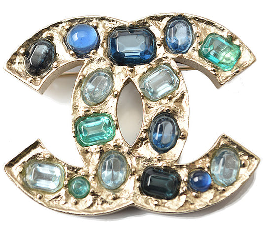 Chanel Brooch Coco Mark Rhinestone Blue Gold