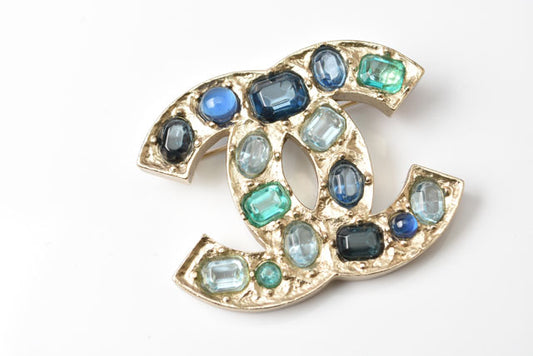 Chanel Brooch Coco Mark Rhinestone Blue Gold