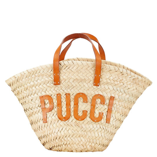 Emilio Pucci Straw Leather Basket Handbag Beige Brown