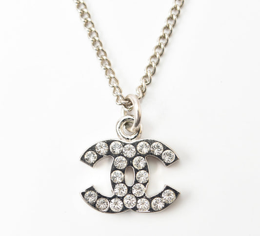 Chanel CC Rhinestone Necklace Silver/White