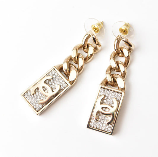 Chanel Swing Earrings CC Mark Rhinestone Gold