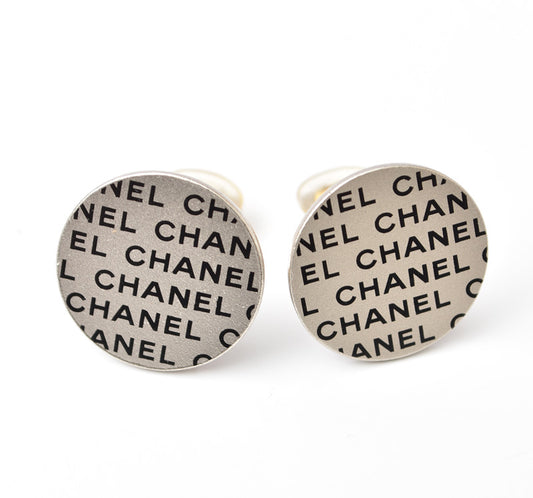 Chanel Silver Logo Print Earrings