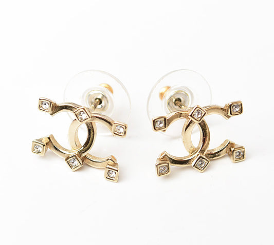 Chanel Gold Rhinestone CC Mark Earrings