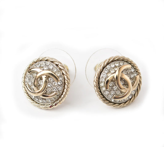 Chanel Circle Logo Gold Rhinestone Earrings