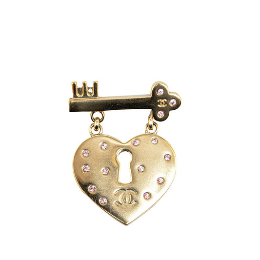 Chanel Heart Key Rhinestone Brooch Gold Pink