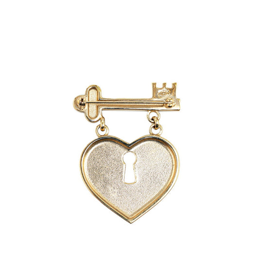 Chanel Heart Key Rhinestone Brooch Gold Pink