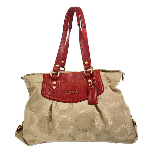 Coach Signature Beige Red Gold Canvas Leather Shoulder Bag