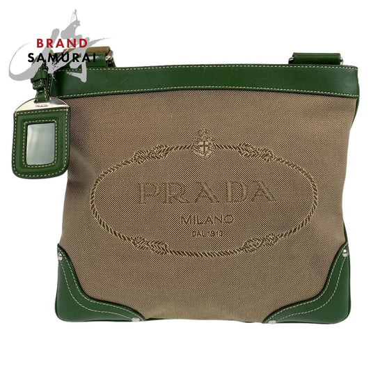 Prada Canvas Leather Logo Jacquard Shoulder Bag