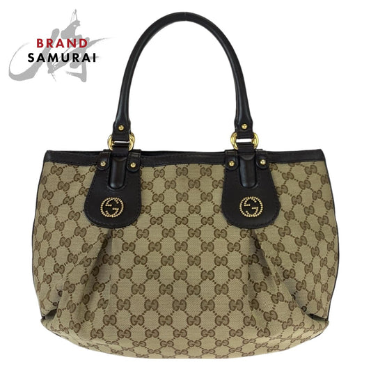 Gucci Beige Brown GG Canvas Leather Tote Bag