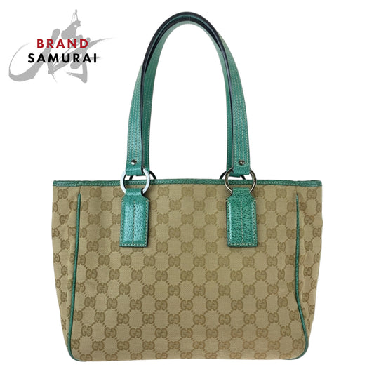 Gucci Beige Green GG Canvas Leather Tote Bag