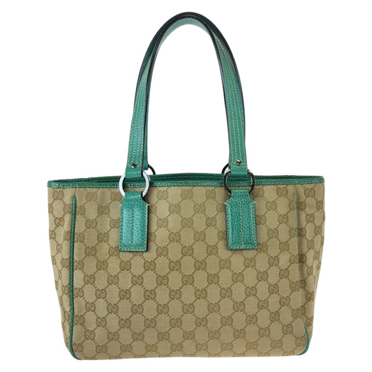 Gucci Beige Green GG Canvas Leather Tote Bag