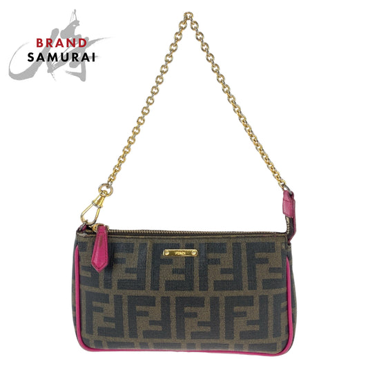 Fendi Leather Zucca Pattern Brown Pink Gold Handbag