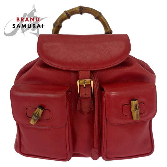 Gucci Bamboo Leather Backpack Red Gold Hardware