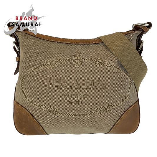 Prada Canvas Leather Logo Jacquard Shoulder Bag