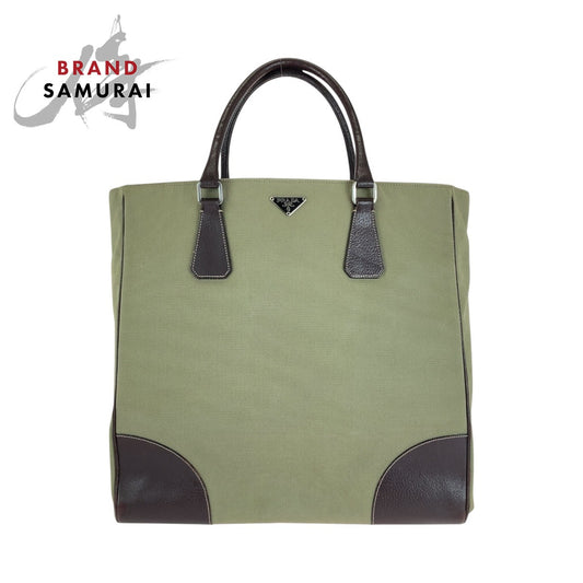 Prada Canvas Leather Triangle Logo Tote Bag