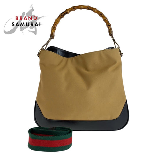 Gucci Bamboo Canvas Leather Hobo Bag