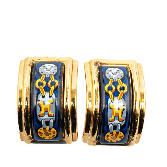 Hermes Enamel GM Clip Earrings Gold Navy