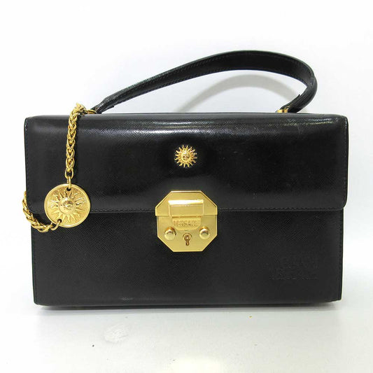 GIANNI VERSACE Vanity Handbag Black Coated Leather