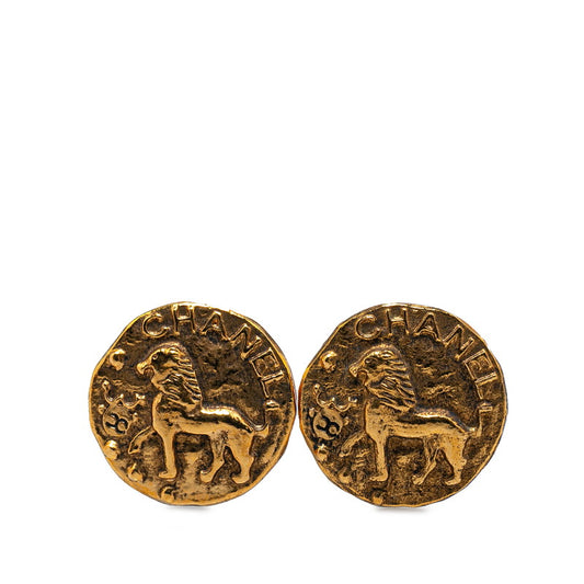 Chanel Lion Motif Logo Earrings Gold