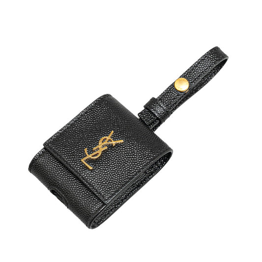 YSL Logo Leather AirPods Case Black Gold