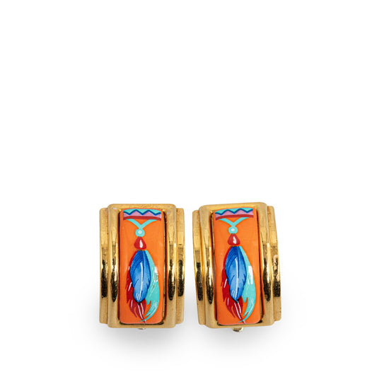 Hermes Enamel Clip Earrings Orange Gold