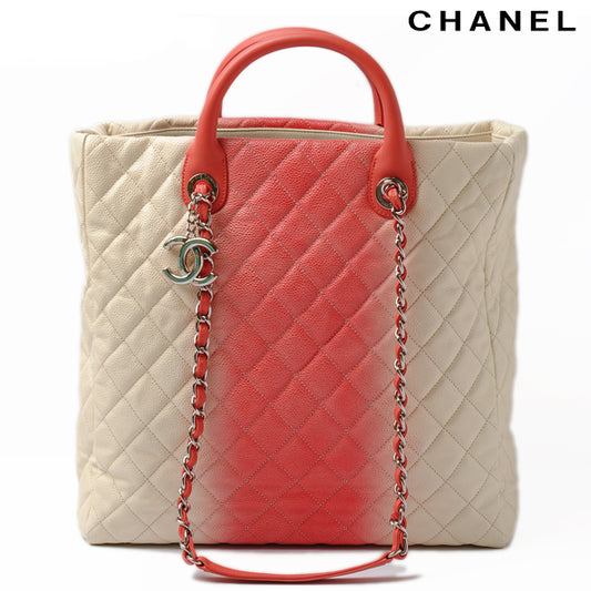 Chanel Caviar Skin 2way Tote/Shoulder Bag Coral Pink/Ivory