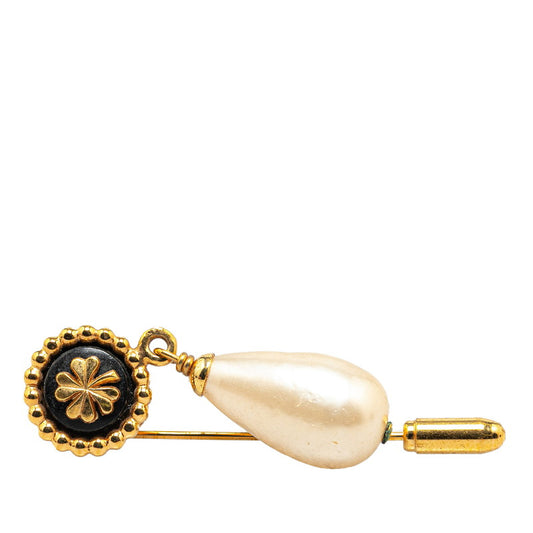 Chanel Clover Motif Faux Pearl Brooch Gold