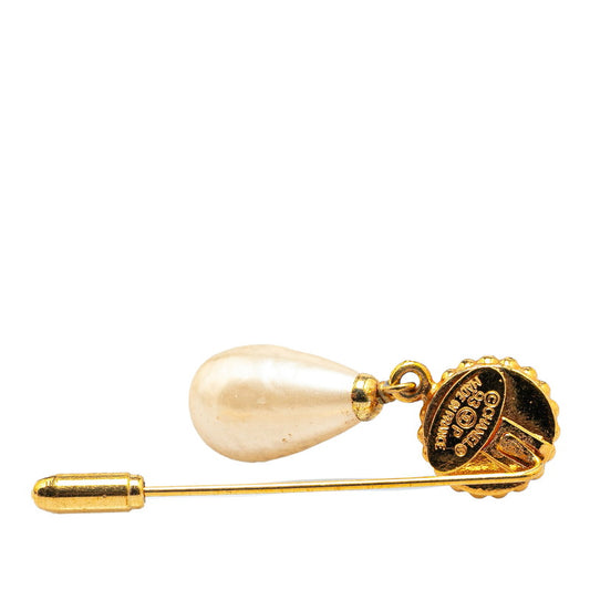 Chanel Clover Motif Faux Pearl Brooch Gold