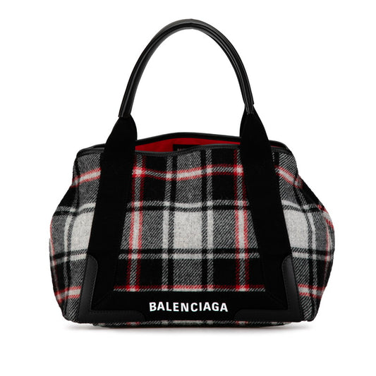 Balenciaga Navy Cabas M Check Wool Leather Tote