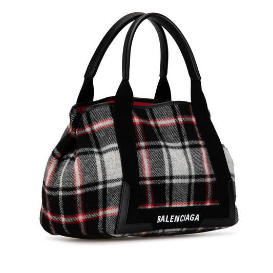 Balenciaga Navy Cabas M Check Wool Leather Tote