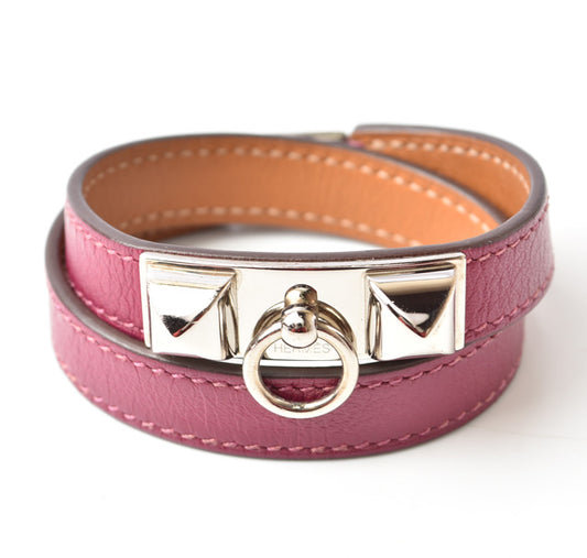 Hermes Leather Rivale Double Tour Bracelet Purple/Silver