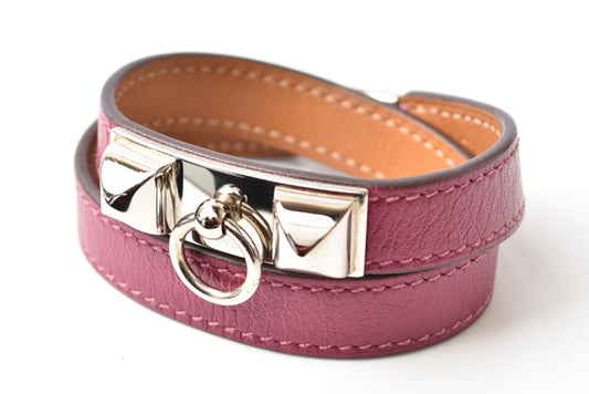 Hermes Leather Rivale Double Tour Bracelet Purple/Silver