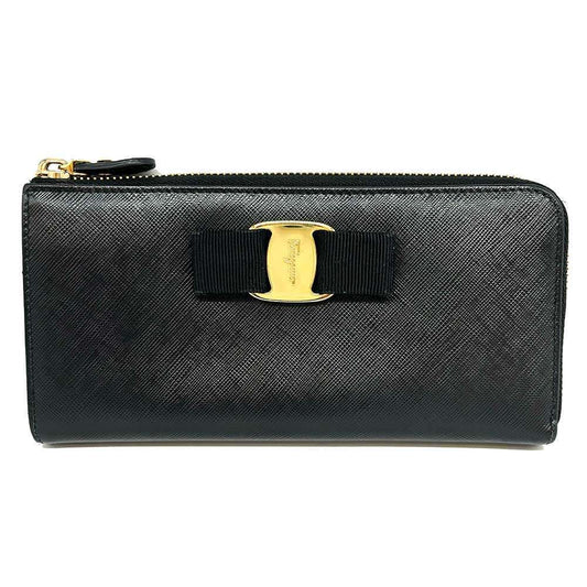 Ferragamo Vara Ribbon Leather Long Wallet Black