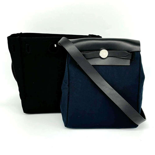 Hermes Herbag TPM Canvas Shoulder Bag Navy Black